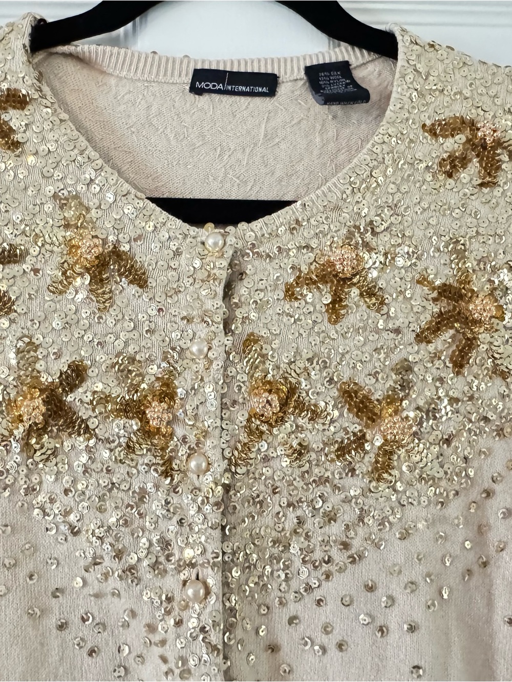 MODA International Cream Sweater Cardigan with Gold Sequin Floral Embellishment